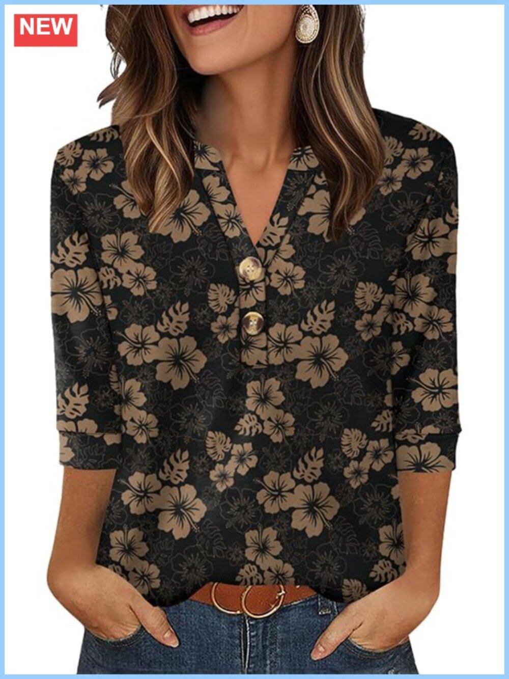 Womens V-Neck Button Down Blouse 3/4 Sleeve Loose Fit Top for Office